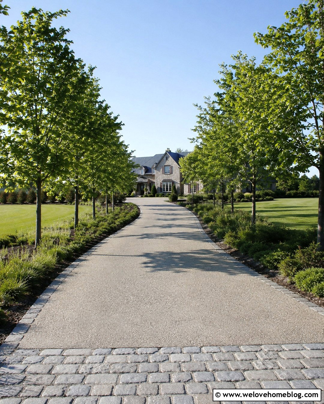 Long Exposed Aggregate Driveway With Trees - 20 Exposed Aggregate Driveway Ideas