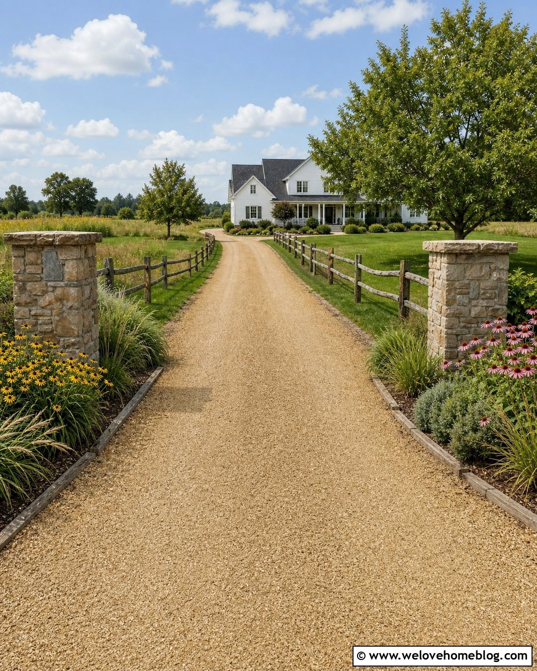 Long Farmhouse Driveway With Split Rail Fencing - 40 Long Driveway Landscaping Ideas