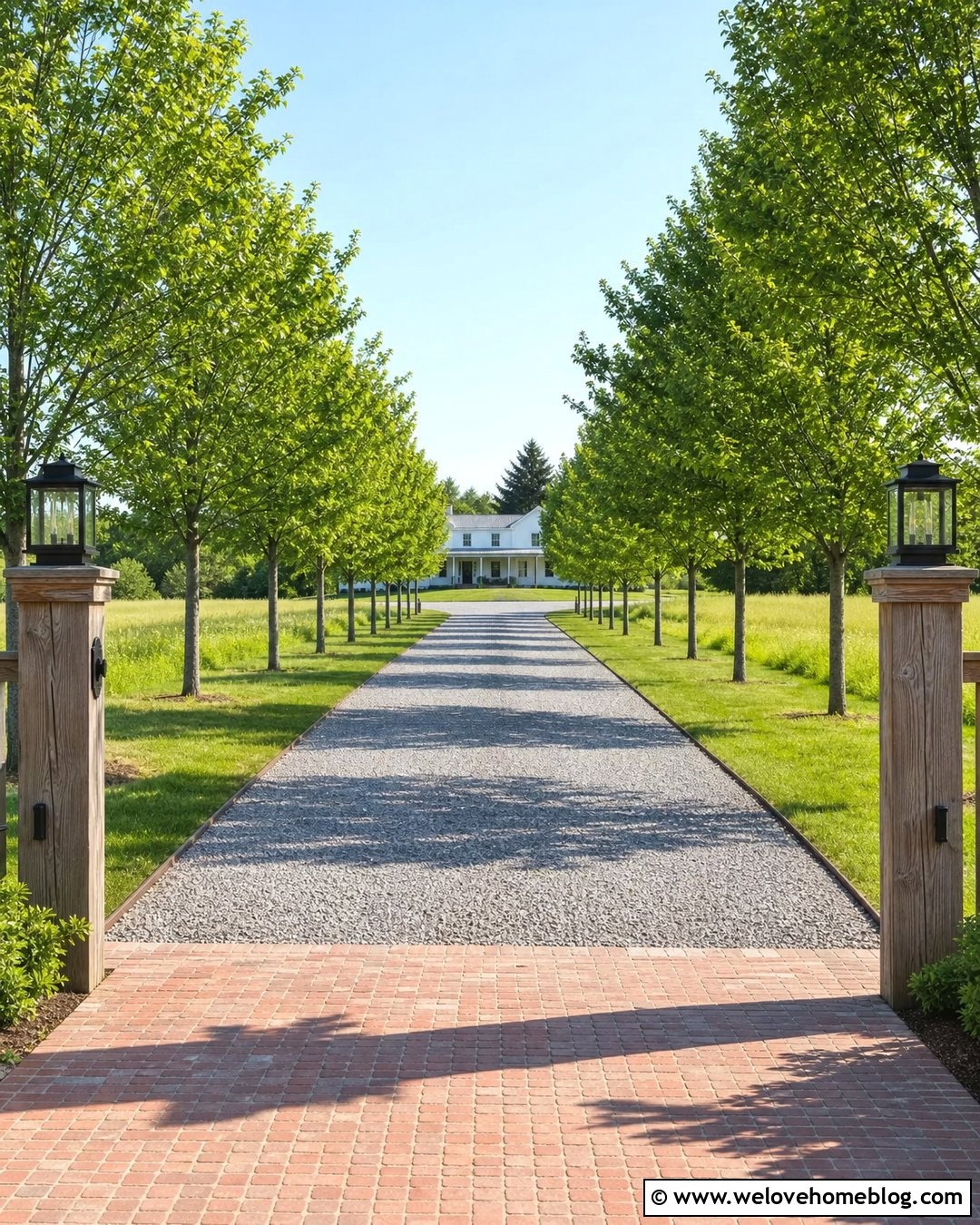 Long Farmhouse Driveway With Tree Lined Gravel - 20 Farmhouse Driveway Inspiration Ideas