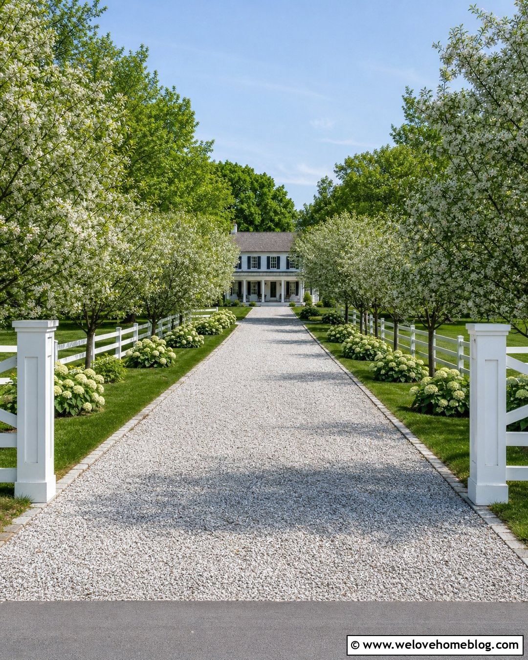 Long Farmhouse Driveway With White Fence Borders - 35 long driveway landscaping country roads ideas