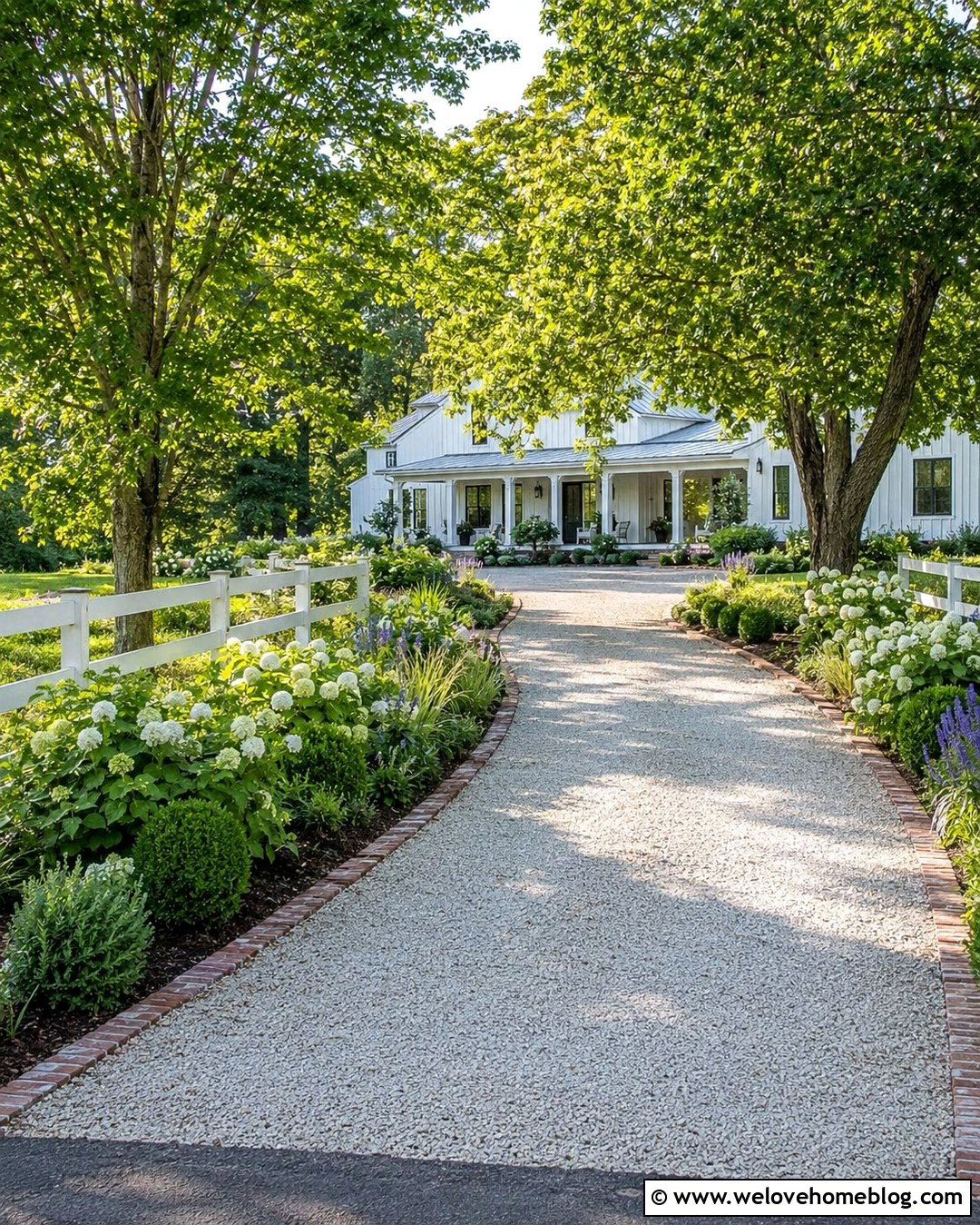 Long Farmhouse Gravel Driveway With Hydrangeas - 20 long gravel driveway landscaping ideas