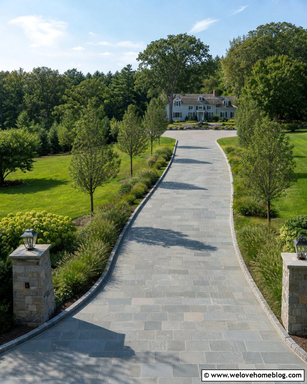 Long Flagged Driveway With Tree Lined Landscaping - 20 Flagged Driveway Ideas