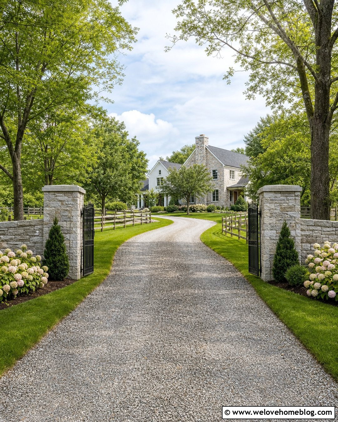 Long Gated Country Driveway With Stone Pillars - 20 Long Country Driveway Ideas