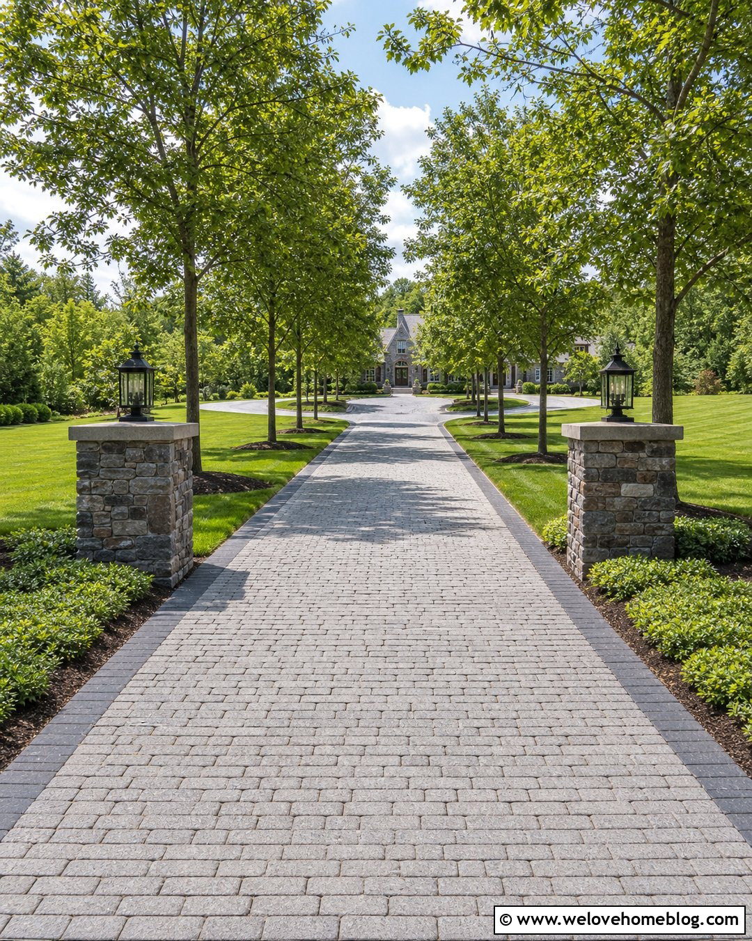 Long Granite Cobblestone Driveway With Tree Lined Entrance - 25 Granite Cobblestone Driveway Ideas