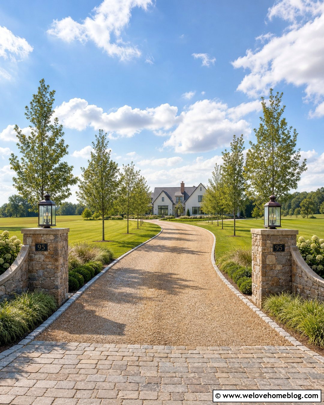 Long Gravel Driveway Entrance With Stone Walls - 25 Luxury Driveway Entrance Ideas