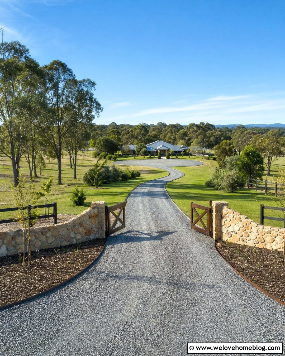 Long Gravel Driveway With A Timber Gate - 20 Australian Driveway Ideas