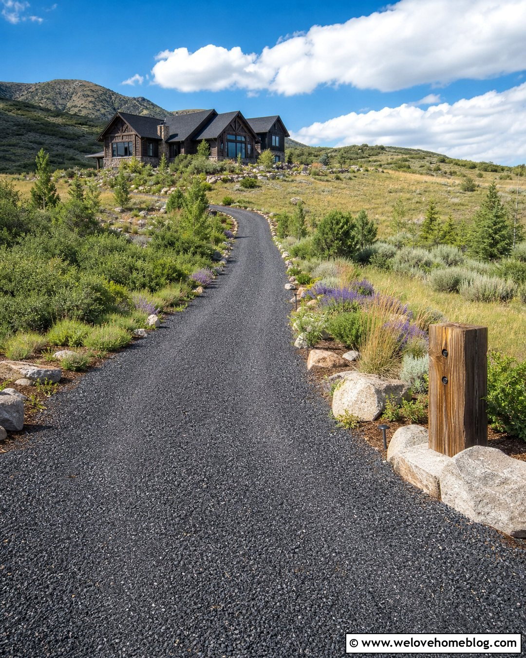 Long Gravel Driveway With Boulder Borders