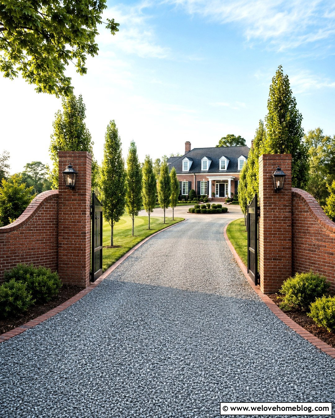 Long Gravel Driveway With Brick Entry Columns - 20 Brick And Gravel Driveway Ideas