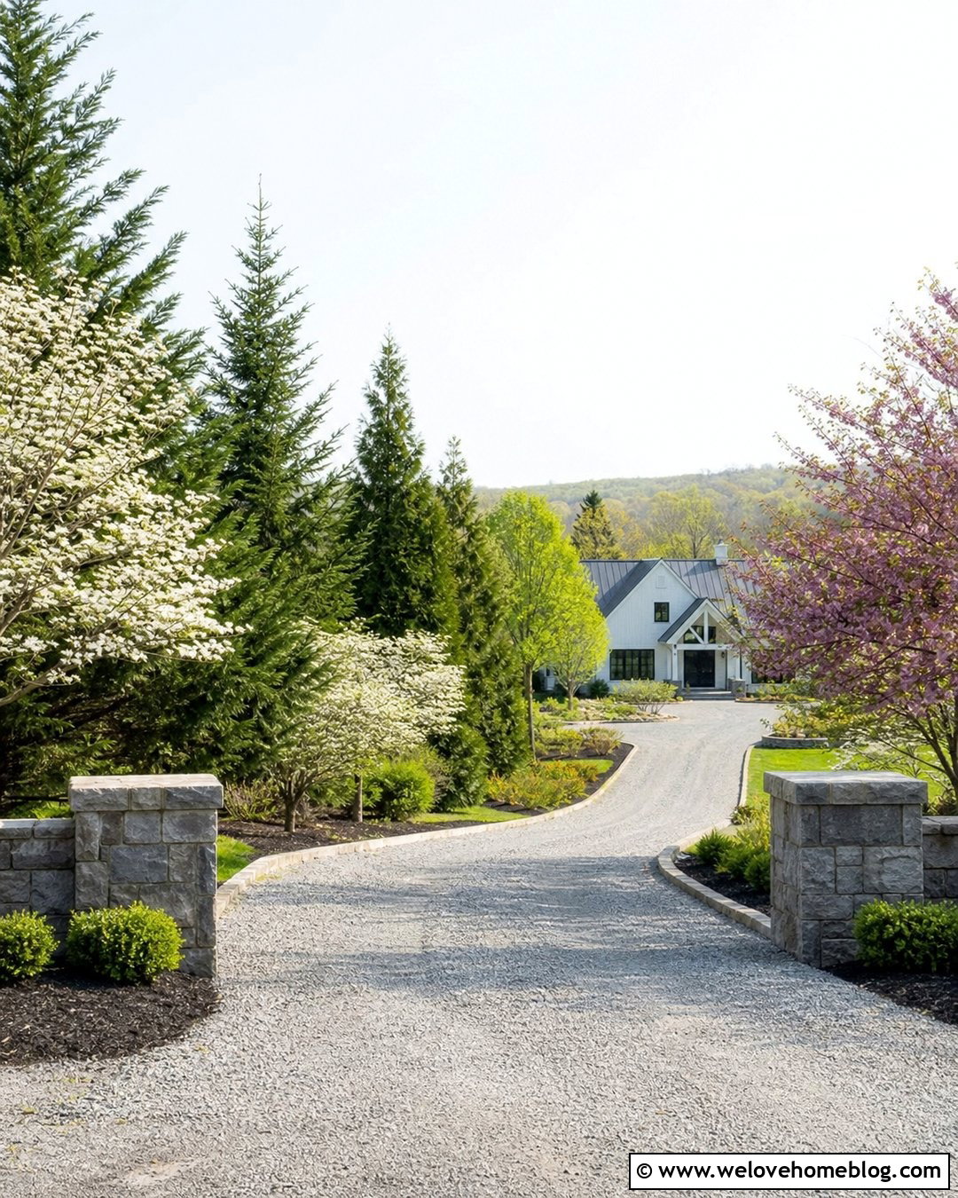 Long Gravel Driveway With Staggered Evergreen Trees - 20 driveway privacy landscaping ideas