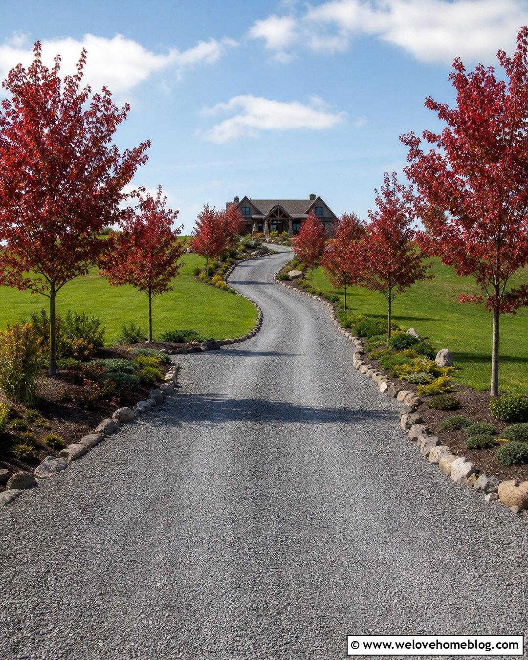 Long Gravel Driveway With Staggered Red Maples - 20 Red Maple Tree Lined Driveway Ideas