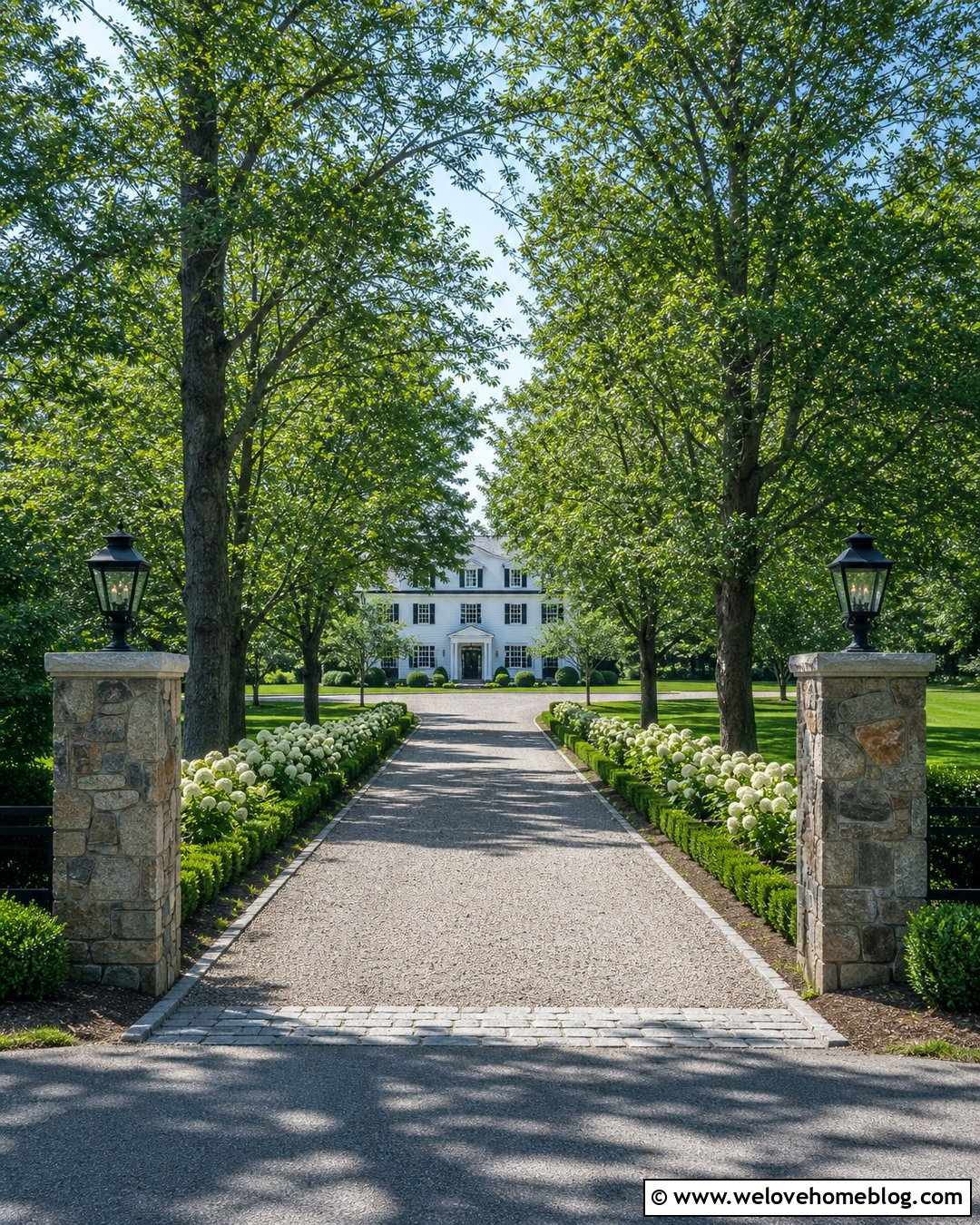 Long Gravel Driveway With Stone Pillars - 25 Long Driveway To A Big White House Ideas