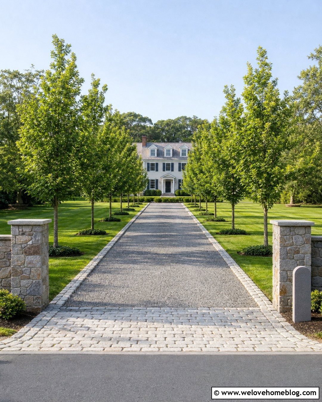 Long Gravel Driveway With Tree Lined Cobble Edging - 20 Cobble And Gravel Driveway Ideas