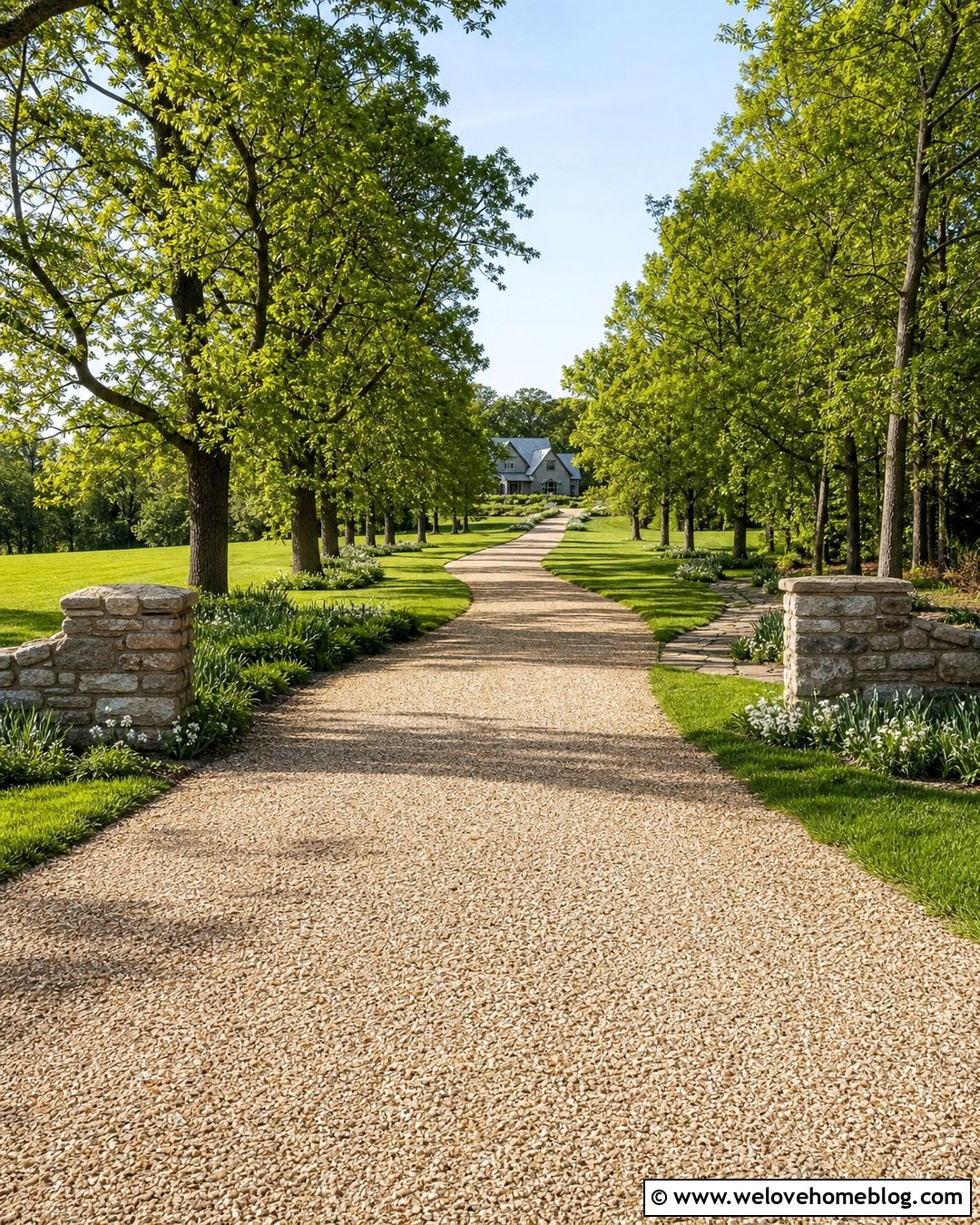 Long Gravel Driveway With Tree Lined Landscaping - 20 Farmhouse Gravel Driveway Ideas