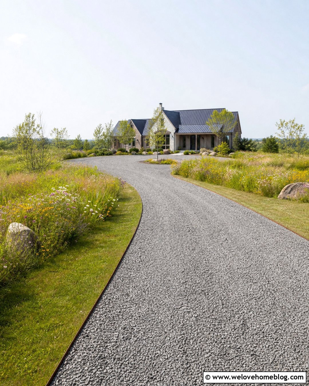 Long Gravel Driveway With Wildflower Borders - 45 long driveway ideas