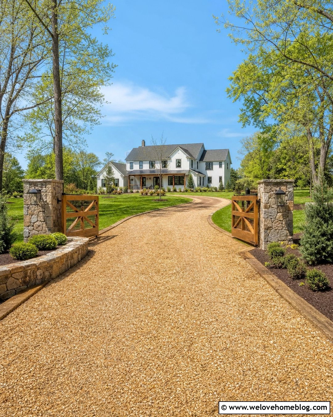Long Gravel Driveway With Wood Gate And Stone Pillars - 25 long gravel driveway ideas
