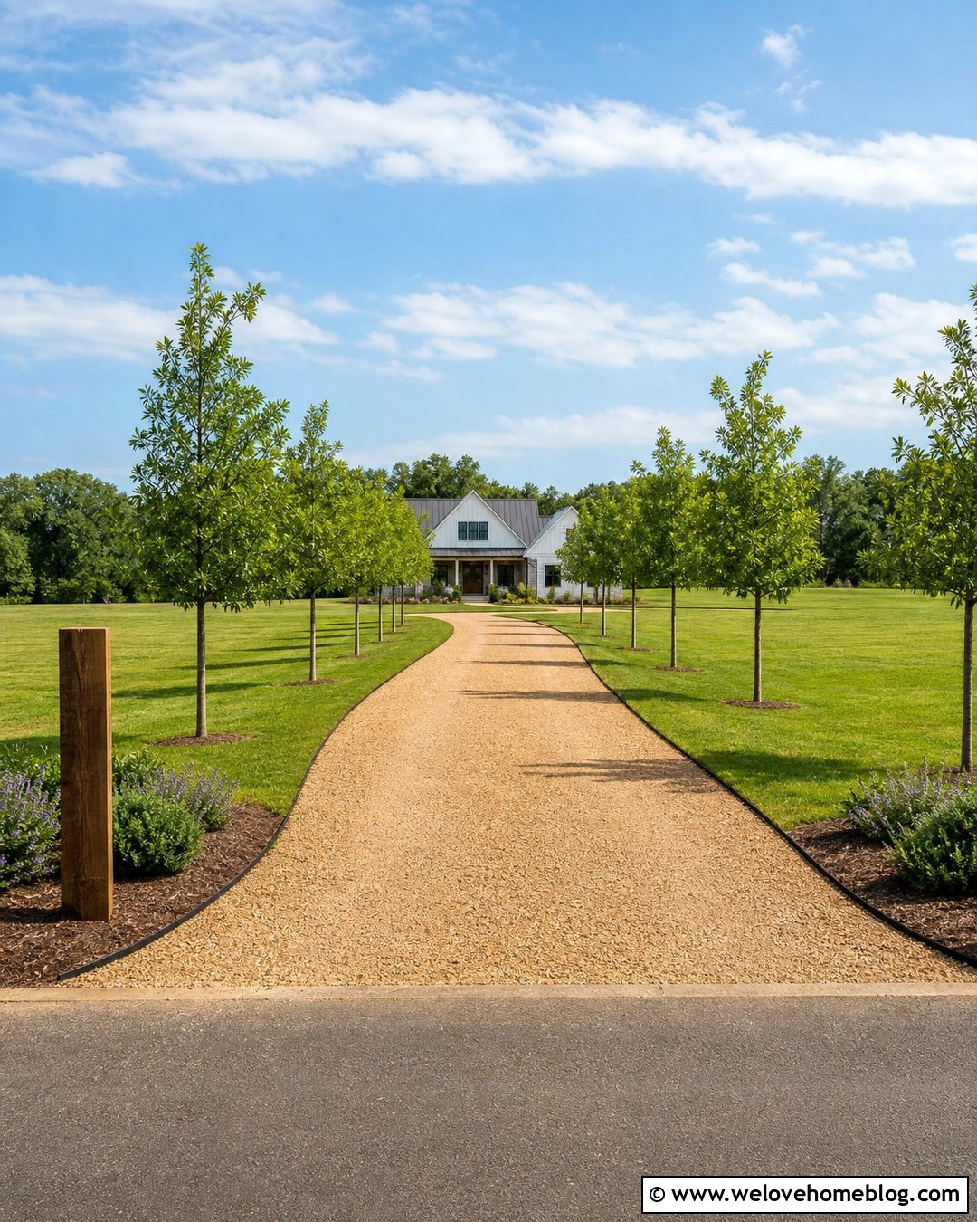 Long Gravel Driveway With a Budget Tree Border - 35 cheap driveway ideas