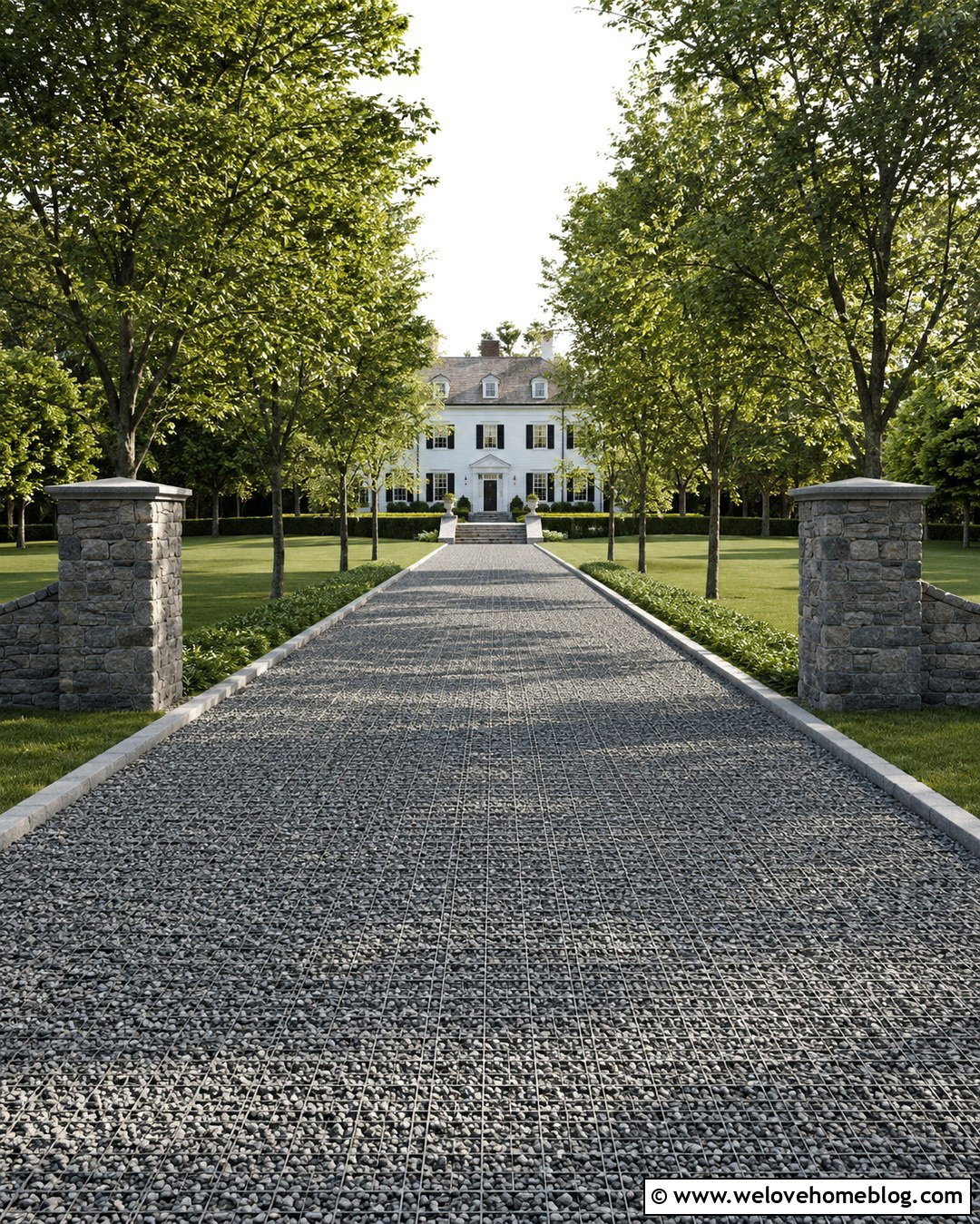 Long Gravel Grid Driveway With Tree Lined Borders - 20 Driveway Gravel Grid Installation Ideas