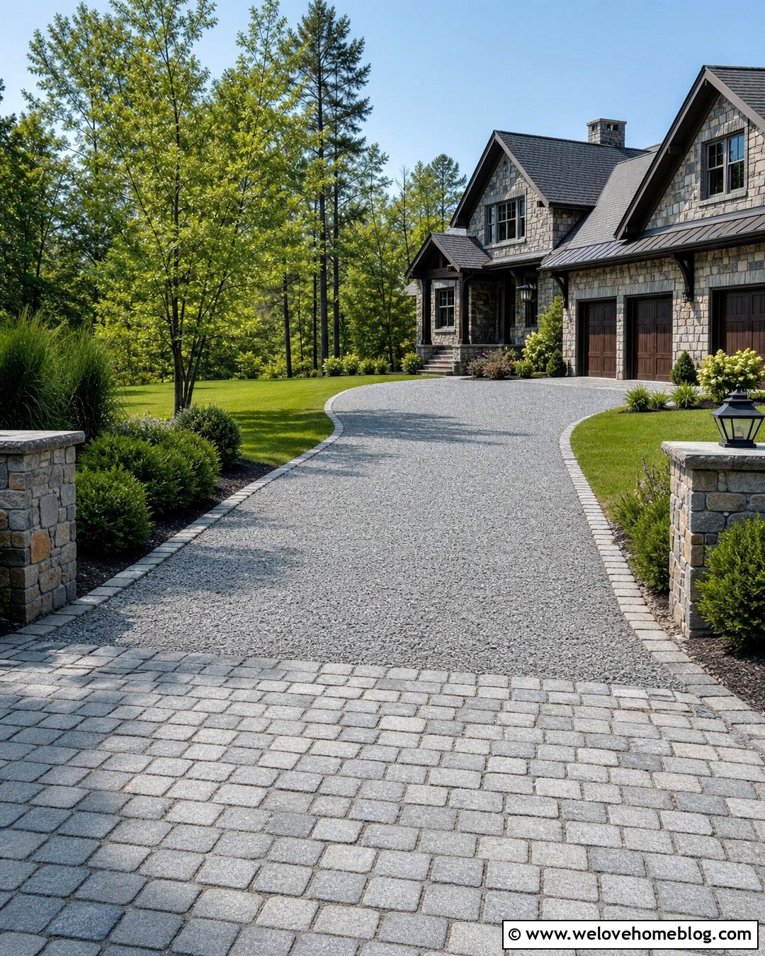 Long Gray Gravel Driveway With Cobblestone Apron - 25 long gravel driveway ideas