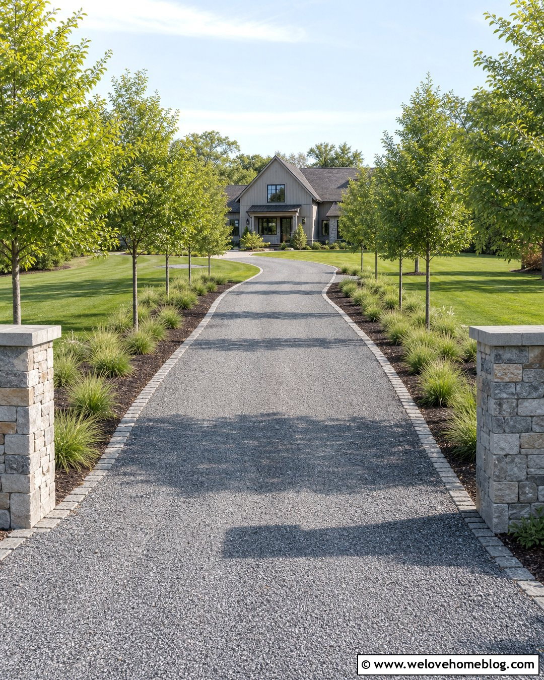 Long Grey Gravel Driveway With Tree Lined Borders - 25 Grey Driveway Ideas