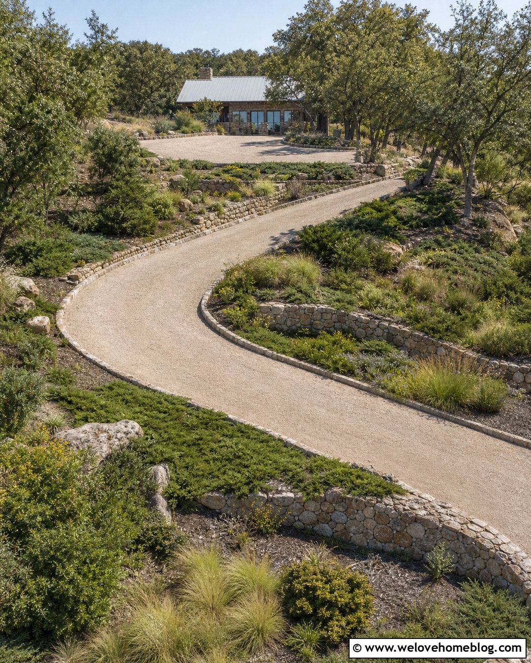 Long Hillside Country Driveway With Stone Retaining Walls - 20 Long Country Driveway Ideas