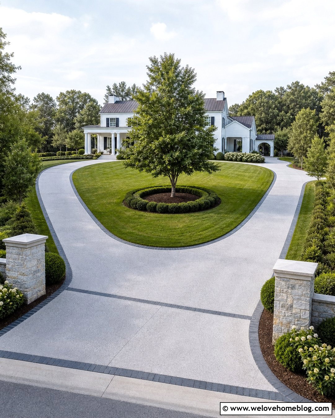 Long Horseshoe Driveway With Central Garden - 25 Long Driveway To A Big White House Ideas