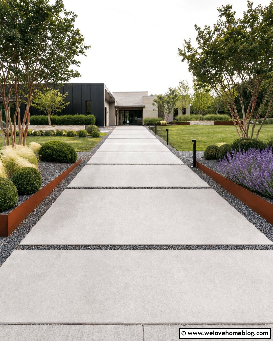 Long Modern Concrete Driveway With Corten Steel Beds - 20 Long Driveway Garden Ideas
