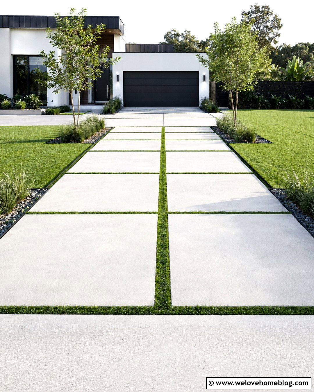 Long Modern Concrete Driveway With Grass Strips - 20 Long Concrete Driveway Ideas