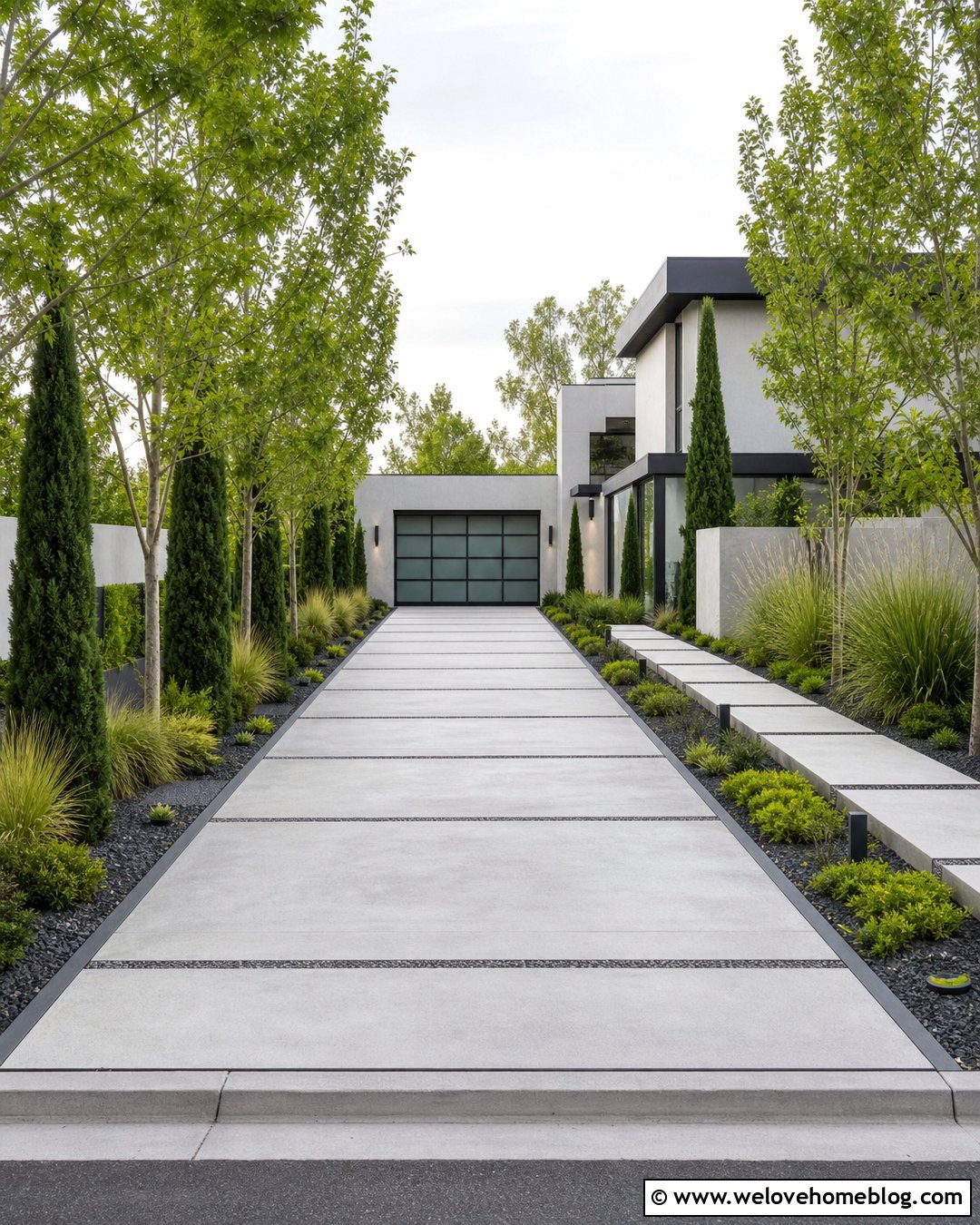 Long Modern Driveway With Concrete Pavers - 25 Long Driveway Aesthetic Ideas