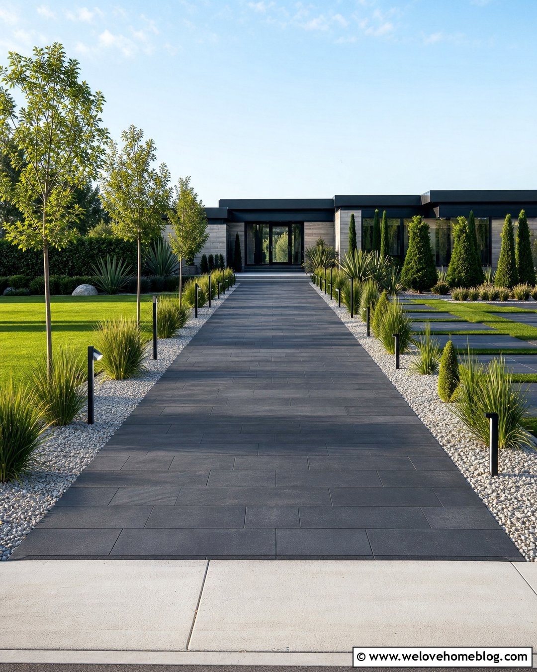 Long Modern Driveway With Linear Planting Beds - 40 Long Driveway Landscaping Ideas