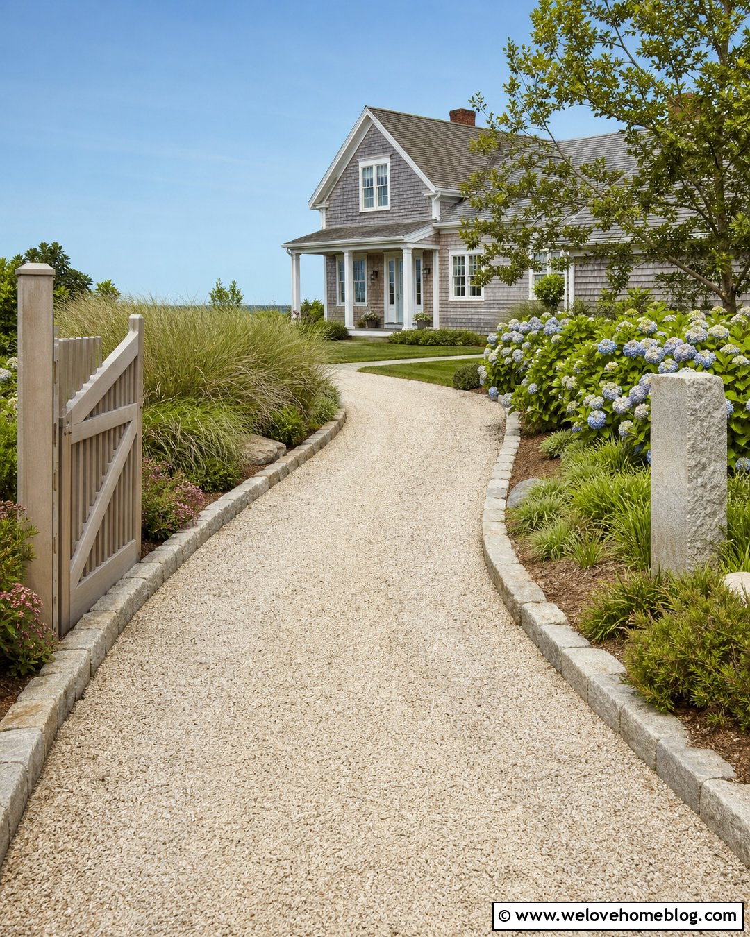 Long Pale Gravel Driveway With Coastal Landscaping - 25 long gravel driveway ideas