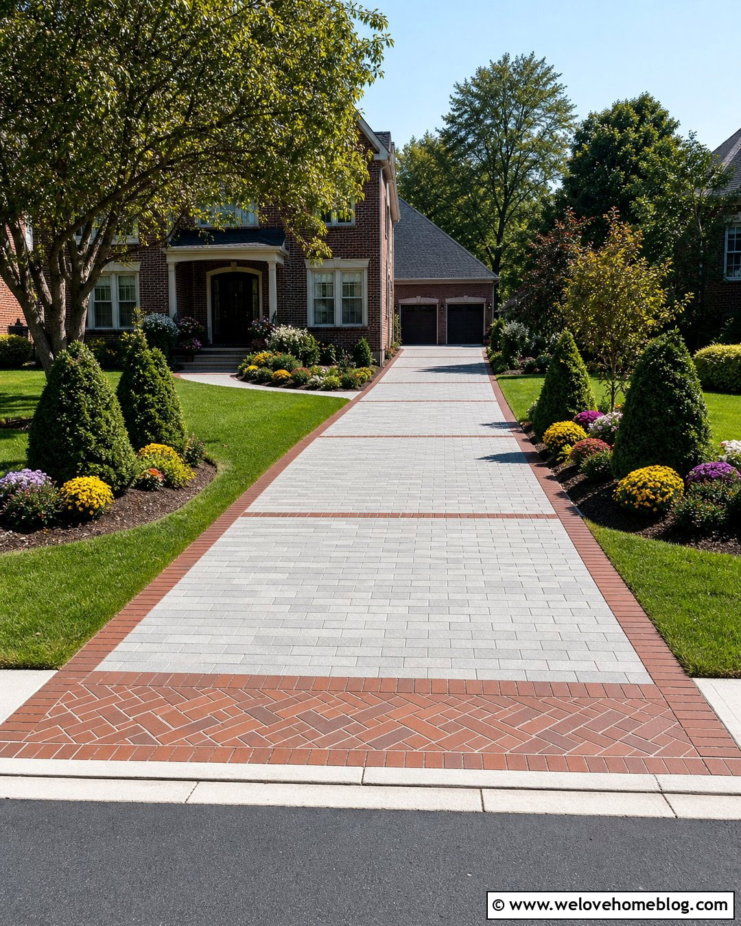 Long Paved Driveway With Brick Accent Bands