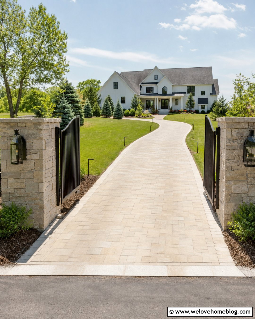 Long Paved Driveway With Decorative Metal Gate - 20 Long Paved Driveway Ideas