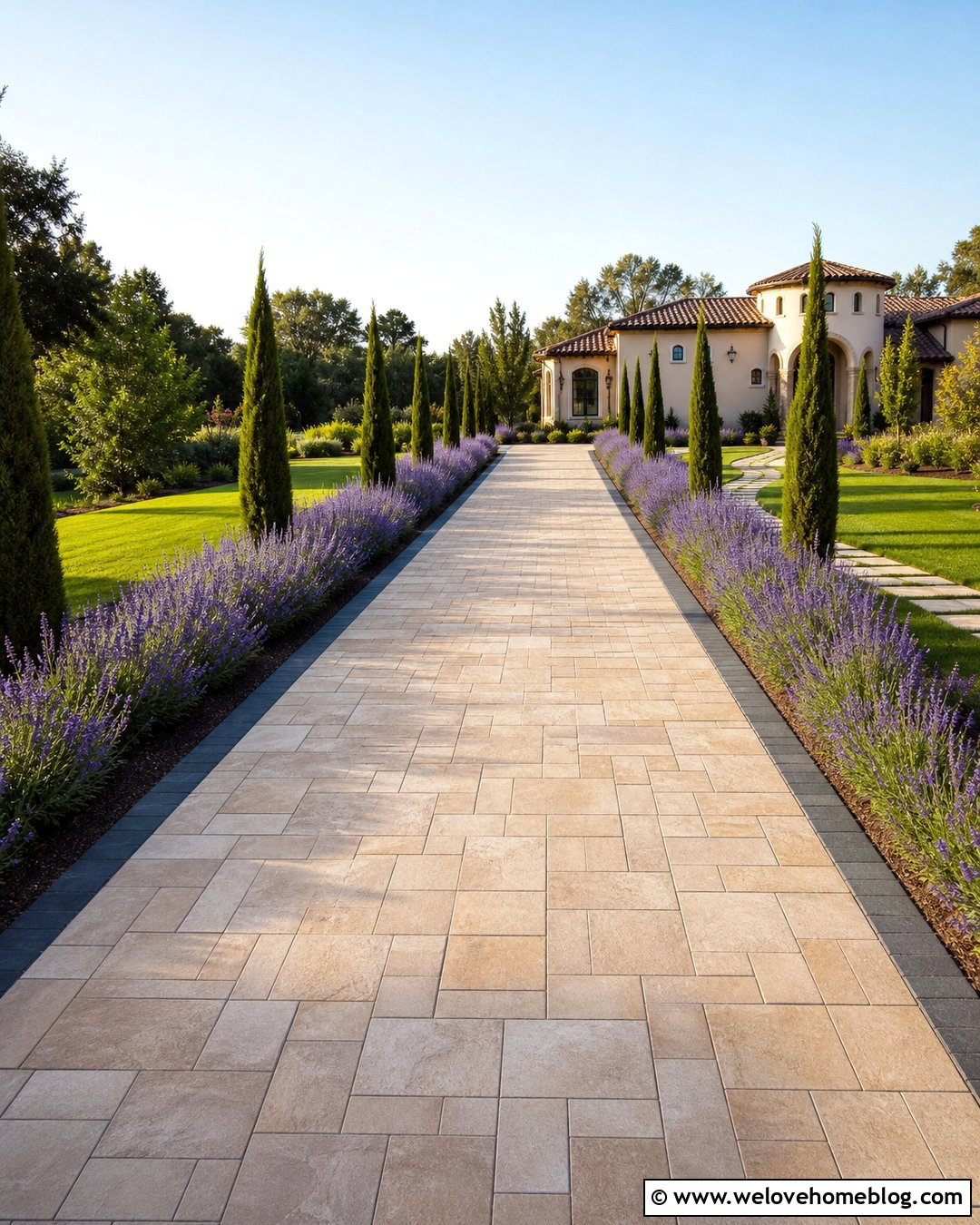 Long Paved Driveway With Lavender Borders - 20 Long Paved Driveway Ideas