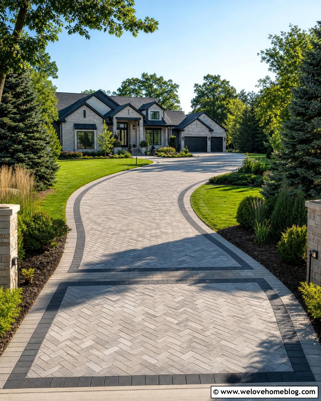 Long Paved Driveway With Mixed Paver Patterns - 20 Long Paved Driveway Ideas