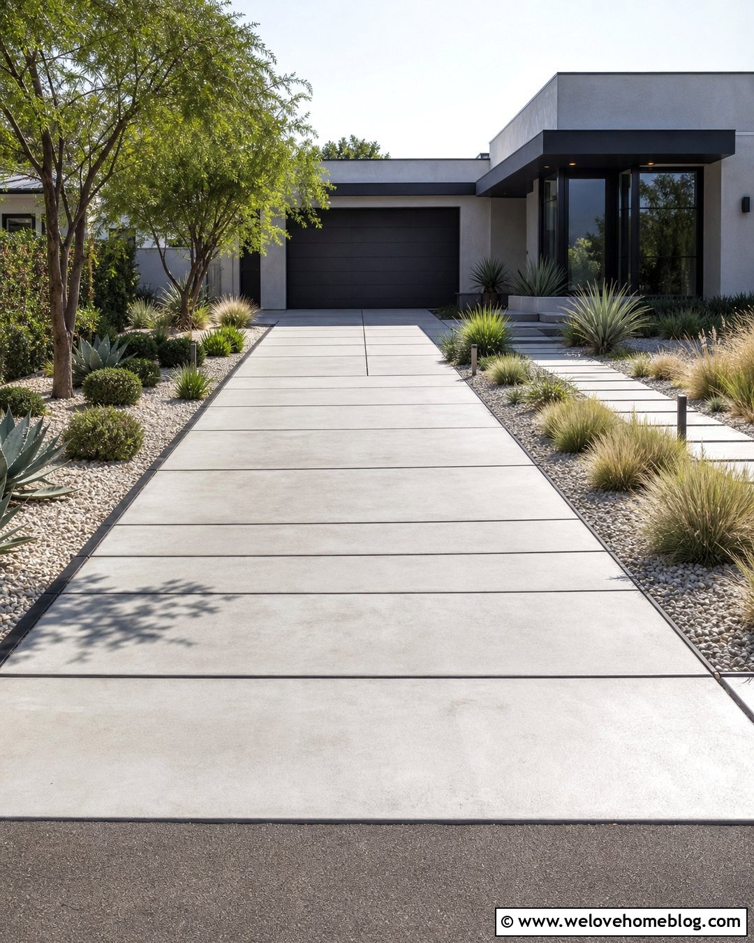Long Paved Driveway With Modern Concrete Slabs - 20 Long Paved Driveway Ideas