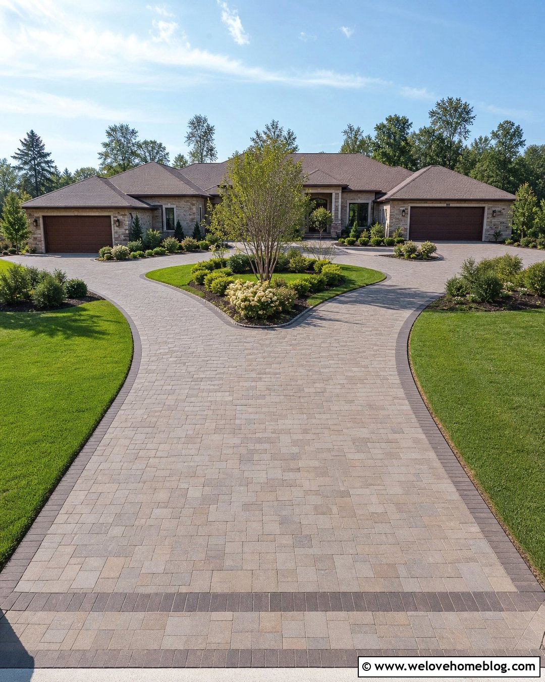 Long Paved Driveway With Split Garage Approach - 20 Long Paved Driveway Ideas