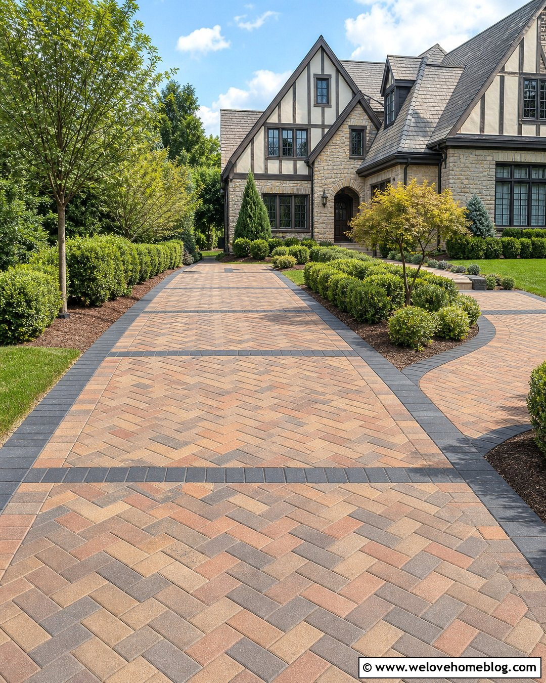 Long Paver Driveway With Herringbone Pattern - 25 Long Driveway Aesthetic Ideas