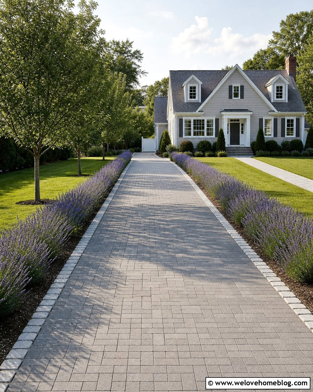 Long Paver Driveway With Lavender Borders - 40 Long Driveway Landscaping Ideas