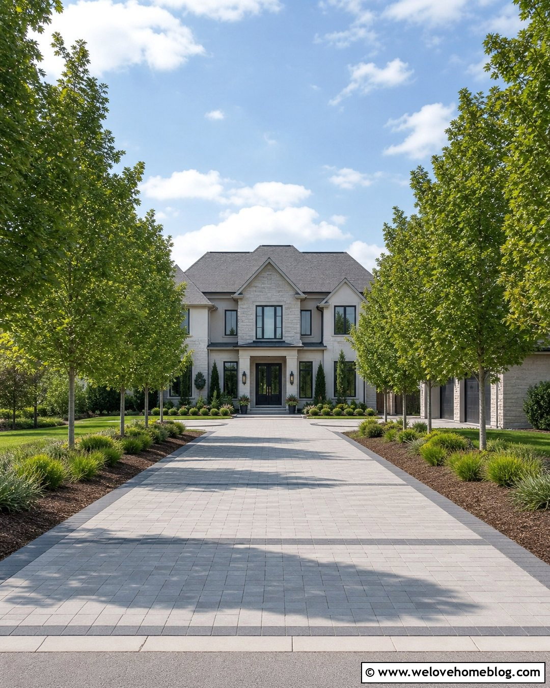 Long Paver Driveway With Tree Rows - 20 Driveways For Long Ideas