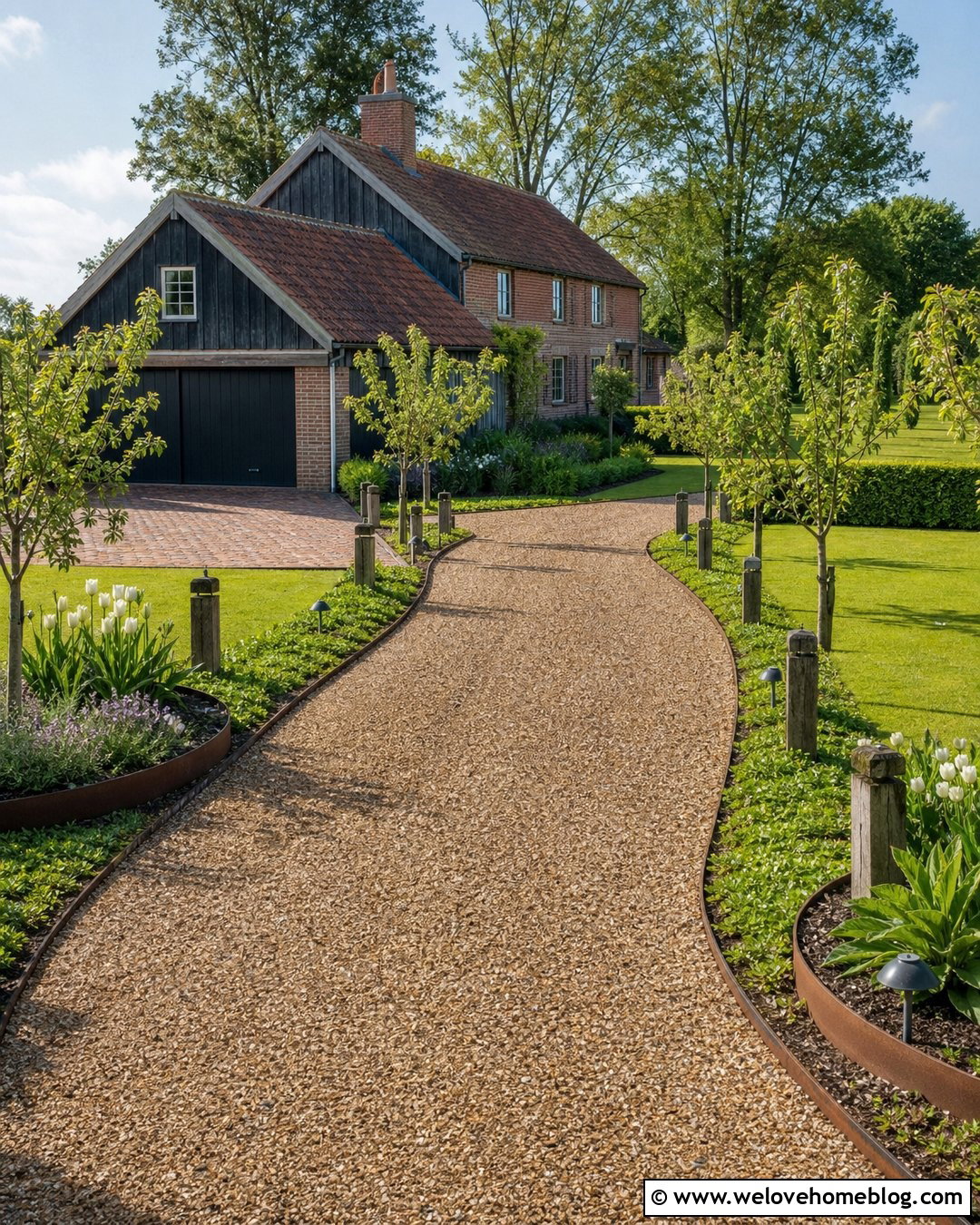 Long Pea Gravel Driveway With Orchard Borders - 20 Long Driveway Garden Ideas
