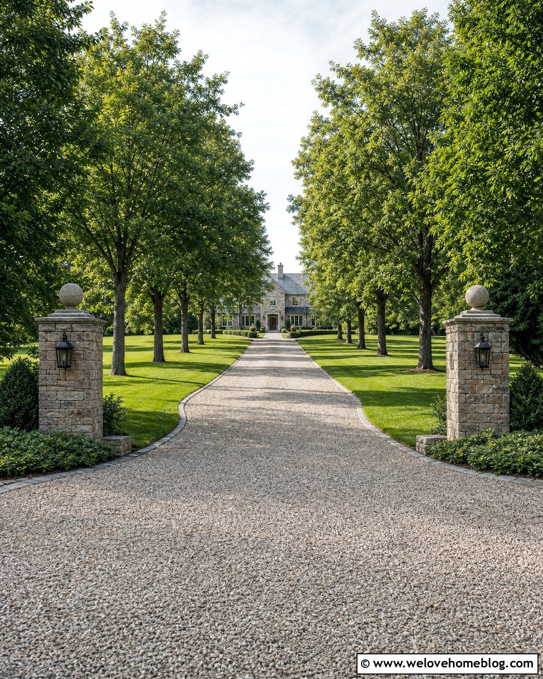 Long Pebble Driveway With Tree Lined Entrance - 35 Pebble Driveway Ideas