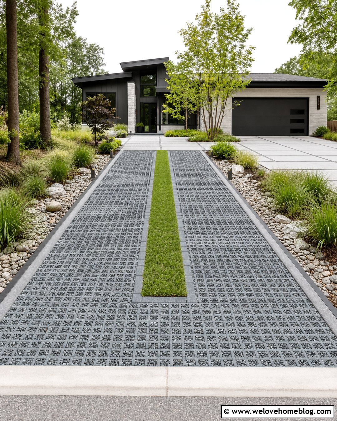 Long Permeable Driveway With Gravel Grid - 20 Modern House With Long Driveway Ideas