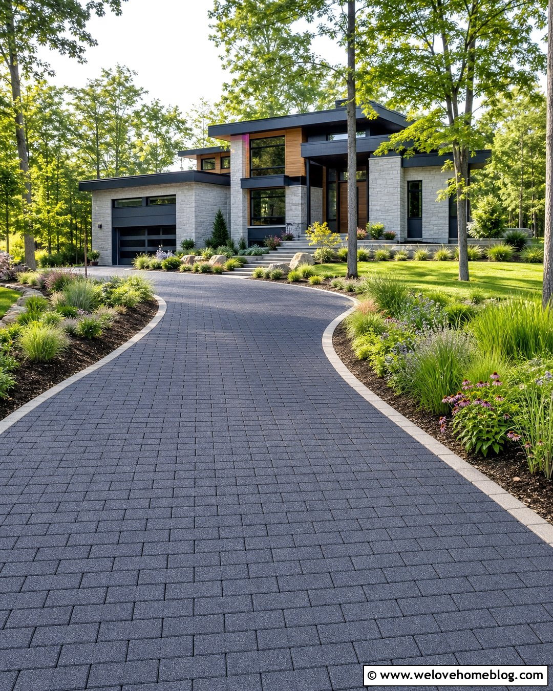 Long Permeable Paver Driveway With Rain Gardens - 20 Long Paved Driveway Ideas