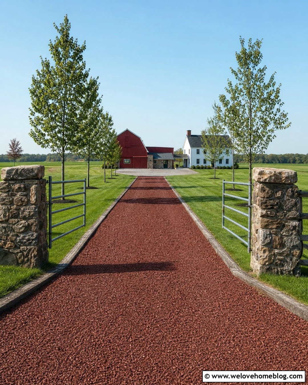 Long Red Gravel Driveway Leading To A Barn - 20 Long Country Driveway Ideas