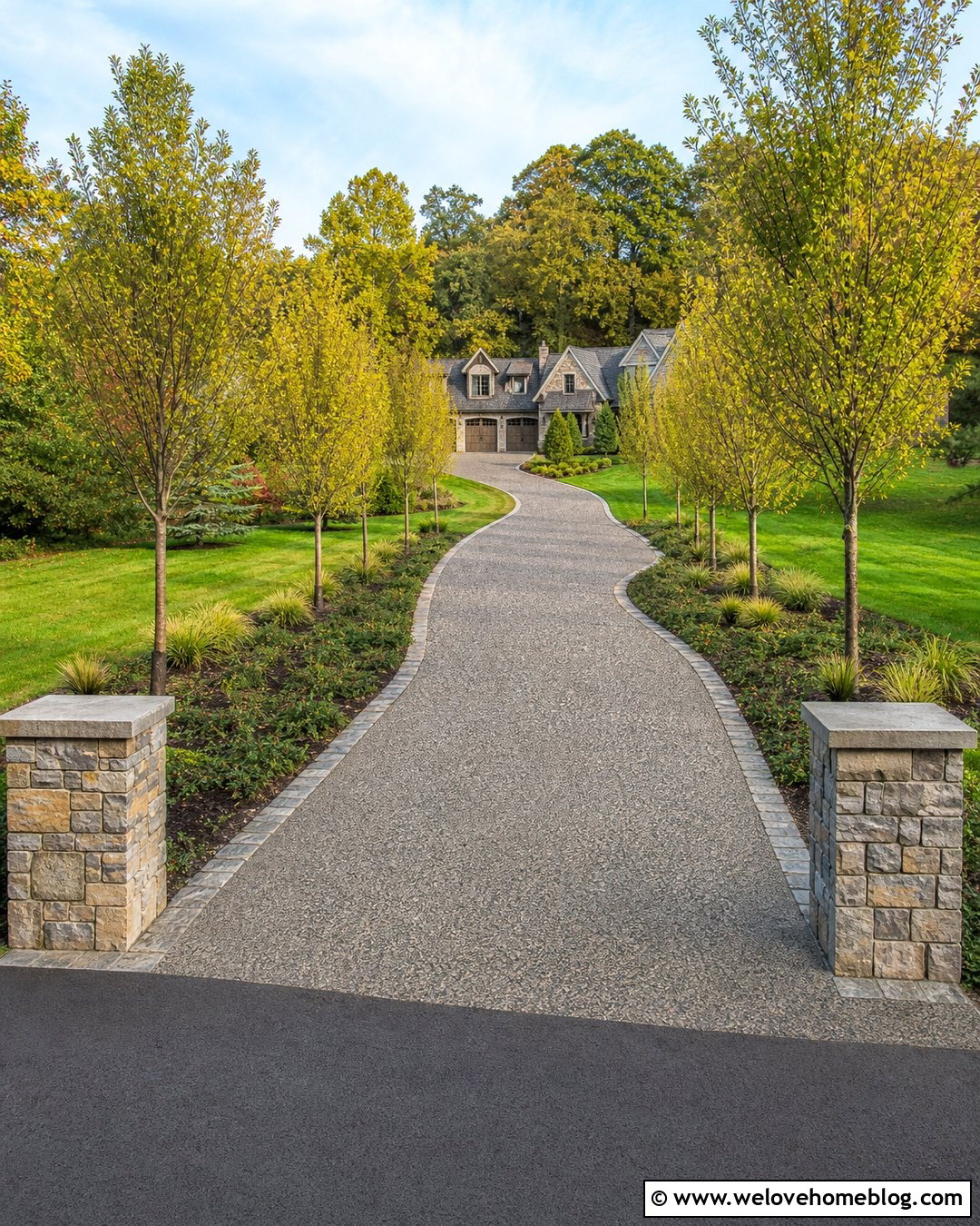 Long River Rock Concrete Driveway With Tree Lined Border