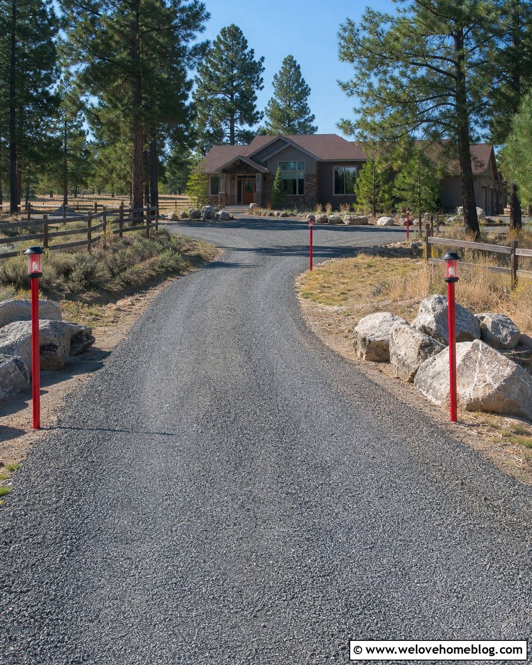 Long Rural Driveway With Red Solar Marker Lights - 20 Driveway Markers Entrance Solar Lights Ideas