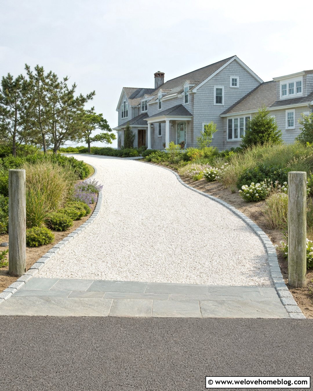 Long Shell Driveway With Coastal Grass Borders - 20 Long Driveway Garden Ideas