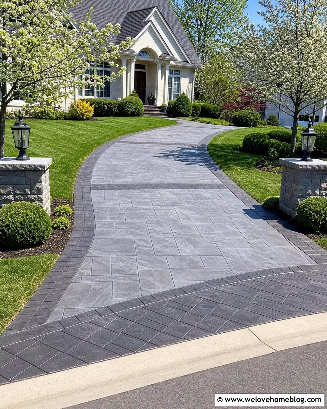 Long Stamped Concrete Driveway With Paver Bands - 45 long driveway ideas