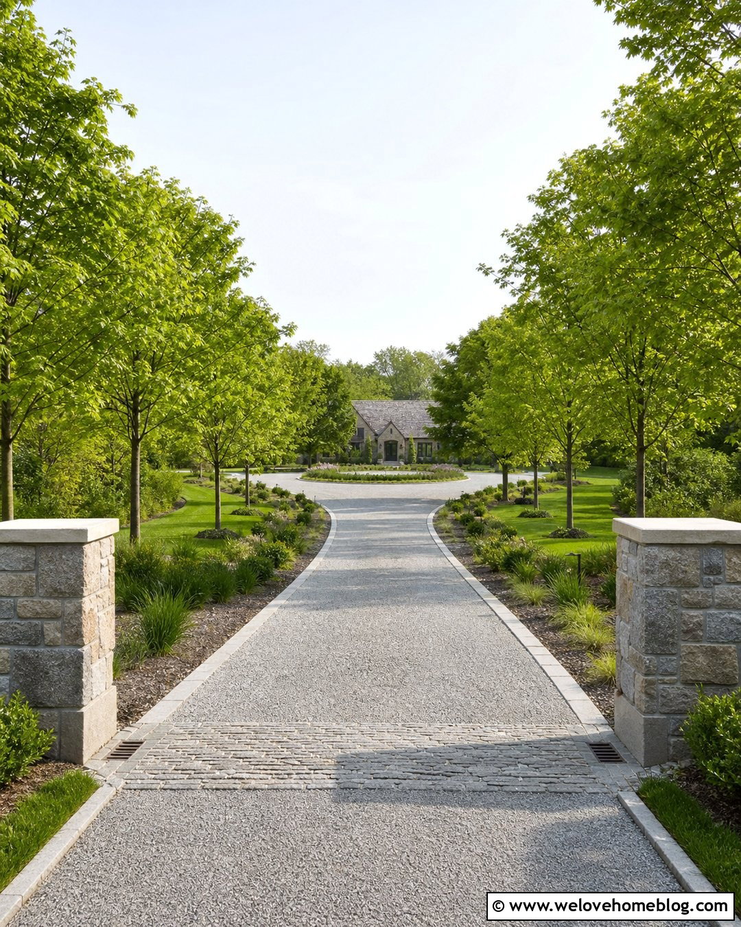 Long Tree Lined Stone Driveway - 35 Stone Driveway Ideas