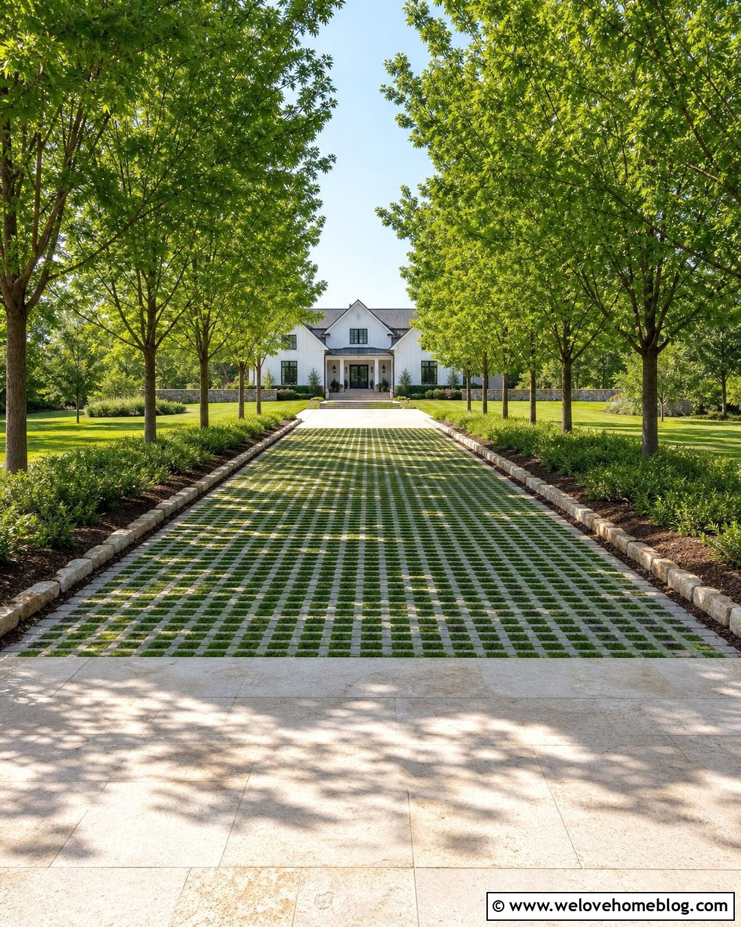 Long Turfstone Driveway With Tree Lined Landscaping - 20 Turfstone Pavers Driveway Ideas